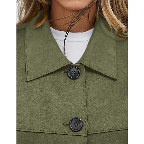 Women's Army Green Faux Suede Cropped Jacket Casual Lightweight Fall Fashion - Picture 5 of 5